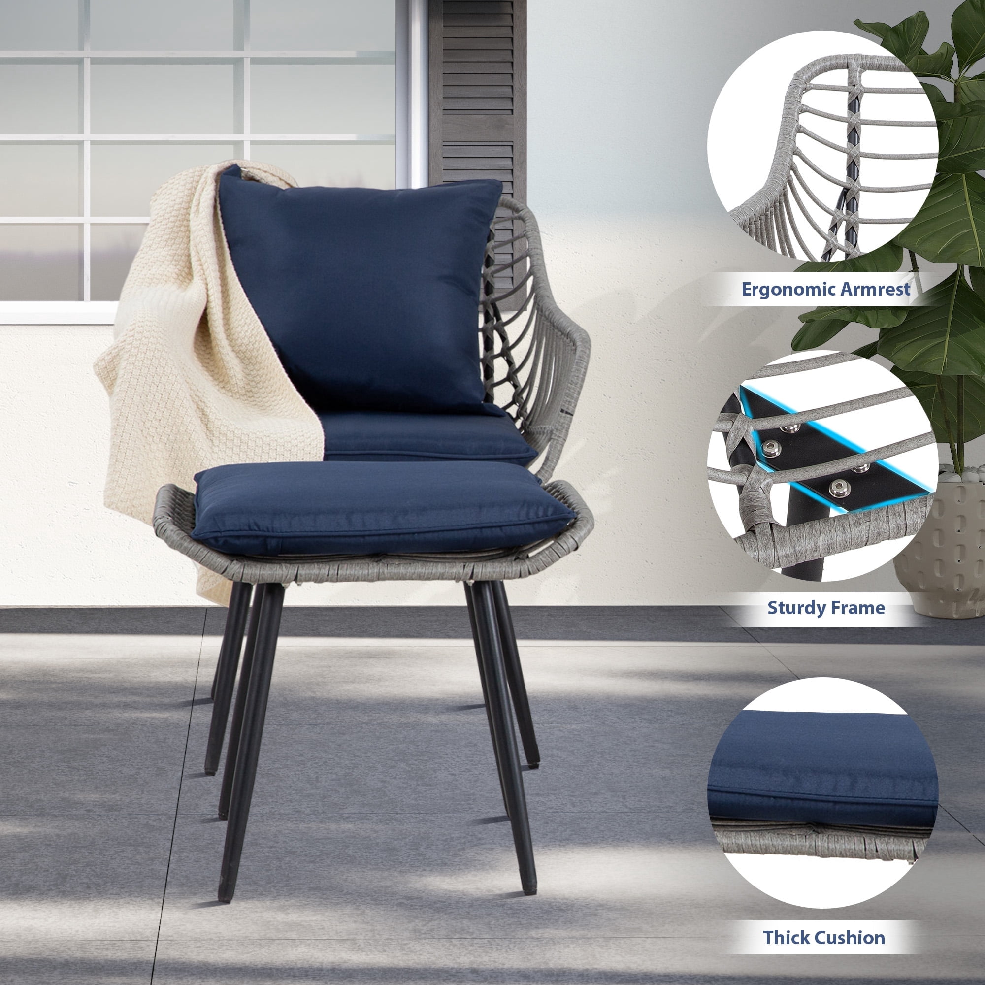 Ainfox 5 Pieces Patio Bistro Furniture Set on Sale,Outdoor Wicker Rattan Chat Conversation Set,Square Coffee Table,Grey/Blue