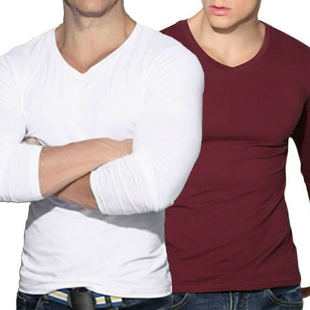 Basic Fit Tee - Men's V Neck Long Sleeve T-Shirt Slim Fit Casual Solid Color Basic Tee Shirts