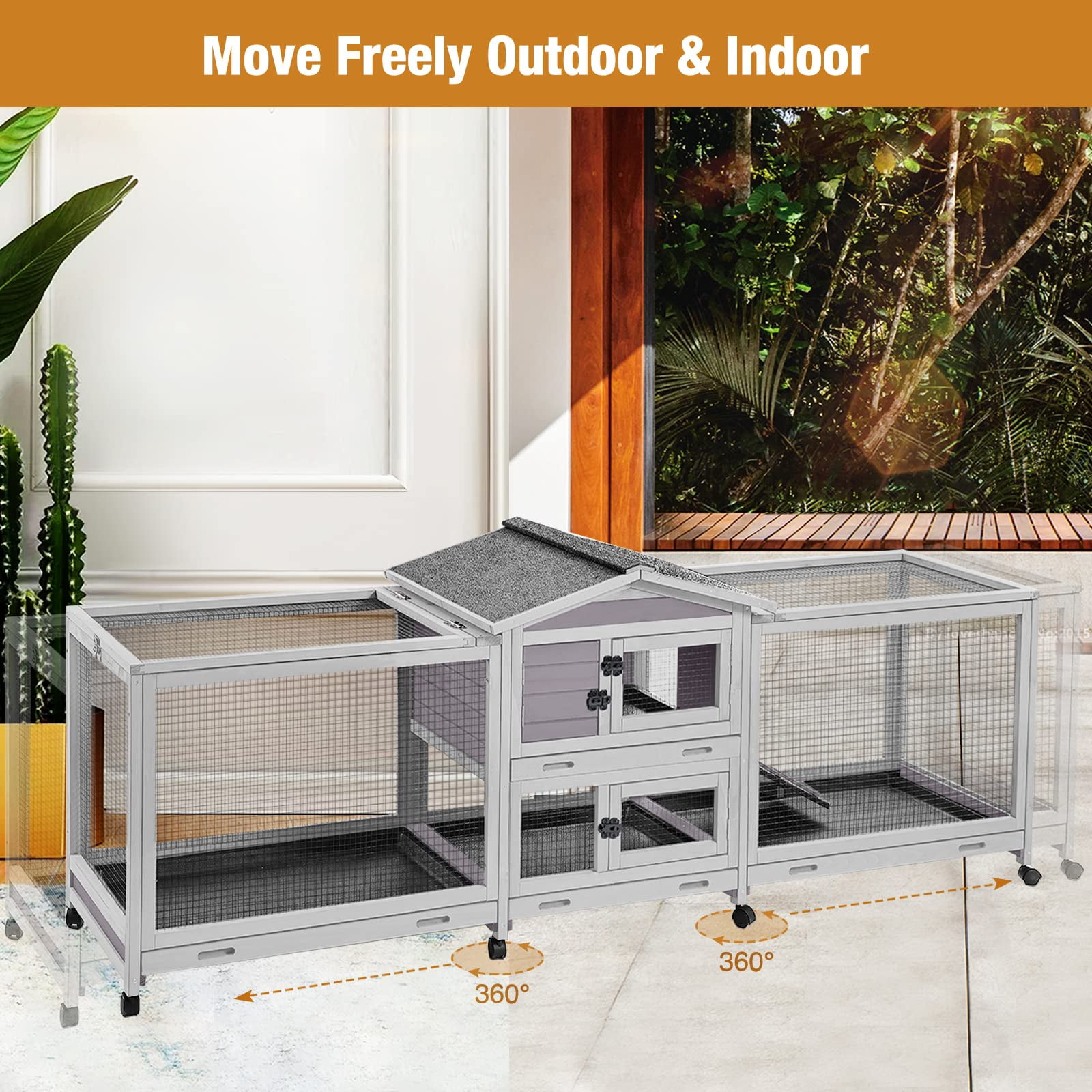 MEDEHOO Rabbit Hutch Guinea Pig Cage with Double Run Indoor Bunny Hutch Outdoor Rabbit House with Deeper No Leak Trays and Wheels
