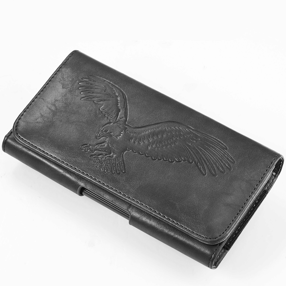 6.5-inch Horizontal Black PU Leather Cell Phone Holster Universal Fit with Belt Clip, Embossed Eagle Design