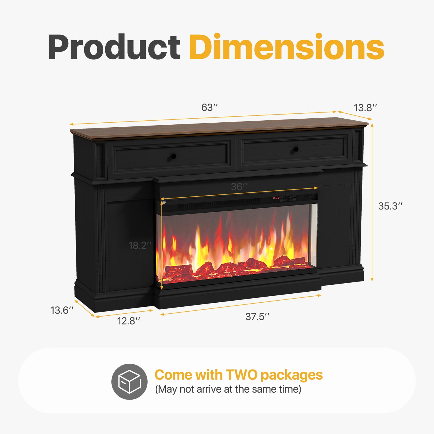 Sonegra Fireplace TV Stand for TVs up to 70" with 36" Fireplace, Farmhouse Entertainment Center with Fireplace, Wooden Media Console for Living Room, Black