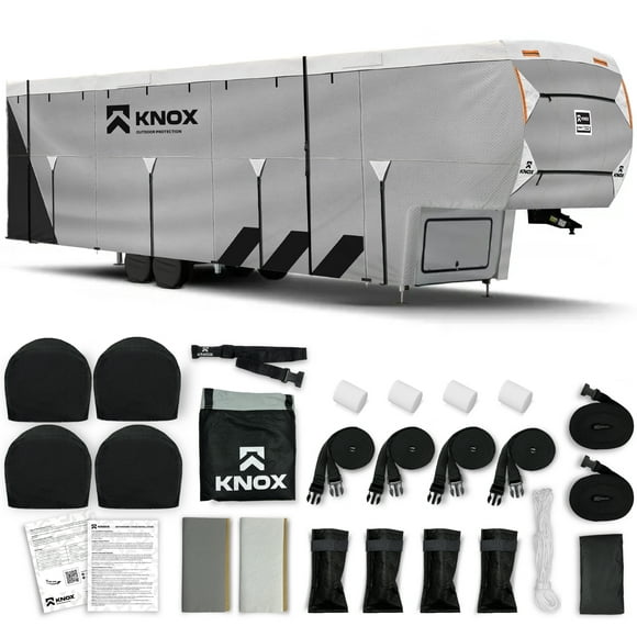 KNOX 3rd Gen Fifth Wheel RV Cover, Anti-Tear 7 Layer APEX Fabric, Fits Travel Trailer, RV, or Motorhome - Camper Cover Includes Wheel Covers, Ladder Cover and Gutter Covers - Size 26-29 ft