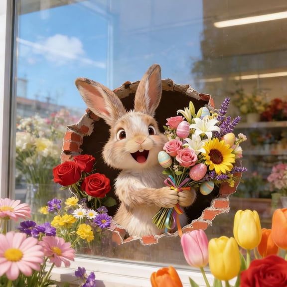 3D Easter Bunny Wall Decal – Realistic Breakthrough Effect Sticker, Waterproof Self-Adhesive for Windows, Doors, School, Office, and Party Decor