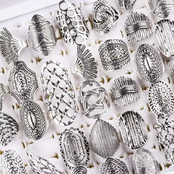 HOOUN Wholesale 20pcs/Lots Mix Style Vintage Carved Flower Silver Plated Jewelry Rings