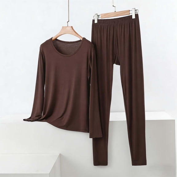 PNTUTB Women's Solid Color Casual Crew Neck Long Sleeve Top with Comfortable Elastic Waistband Pants Pajama Set