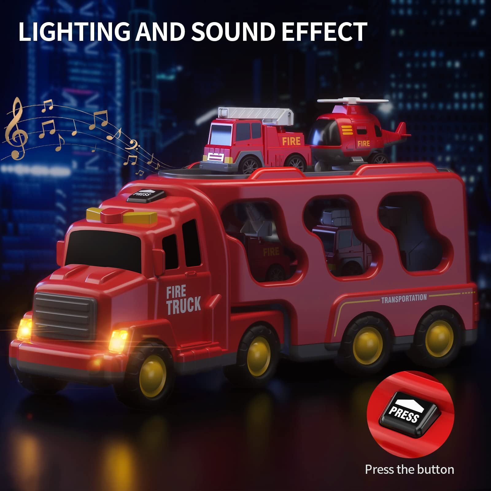 Fireman Truck Toys for 3 4 5 6 Years Old Boys Girls - 5 in 1 Carrier Truck Transport for Toddlers 1-3, Friction Power Vehicles for Kids 3-5, Christmas Birthday Gifts, Red