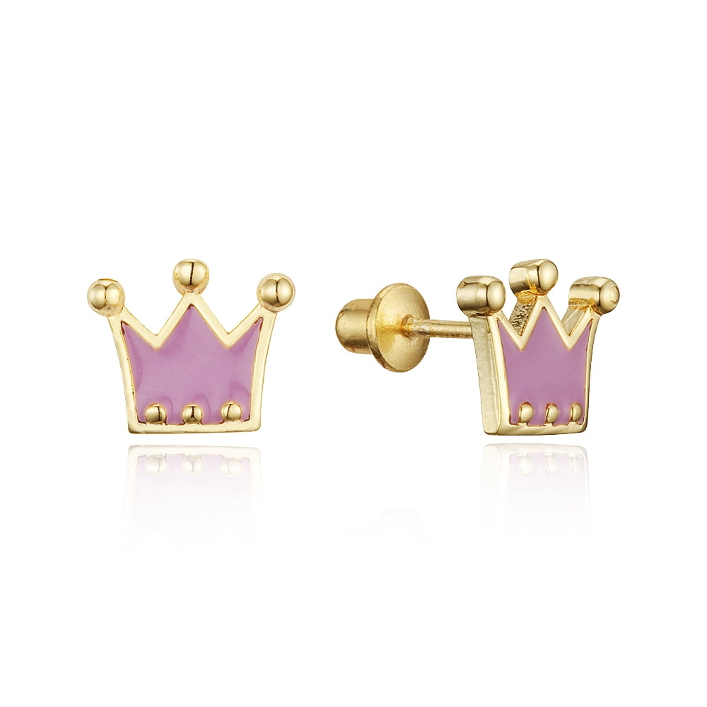 14k Gold Plated Enamel Princess Crown Baby Girls Screwback Earrings with Sterling Silver Post