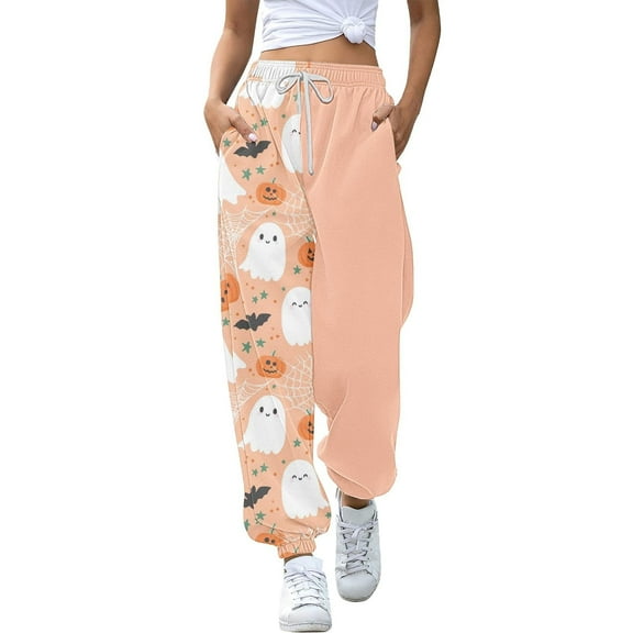 ZHOUCHANKIDS Women Halloween Sweatpants High Waisted Cinch Bottom Sporty Active Joggers Pants Baggy Lounge Bottoms with Pockets Beige L