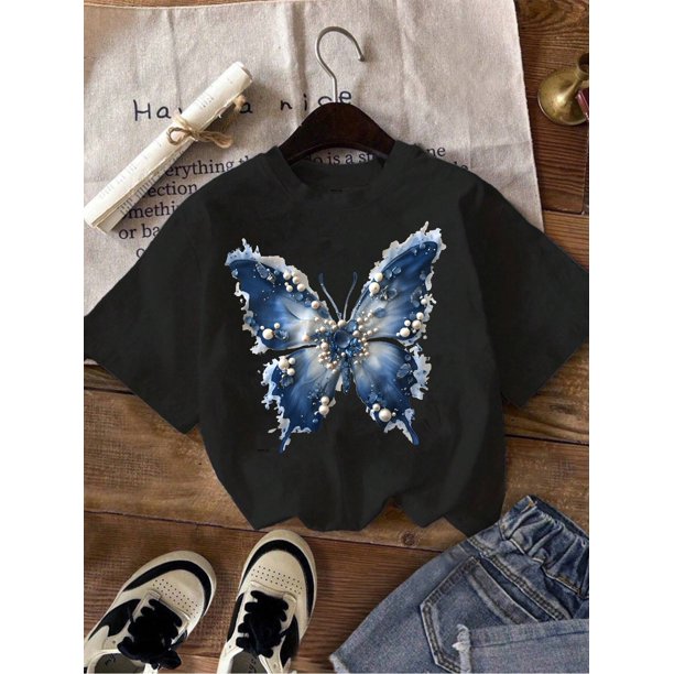 Butterfly Pattern Printed T-Shirt, Summer Short Sleeve Round Neck Casual T-Shirt, Girls' Daily Wear