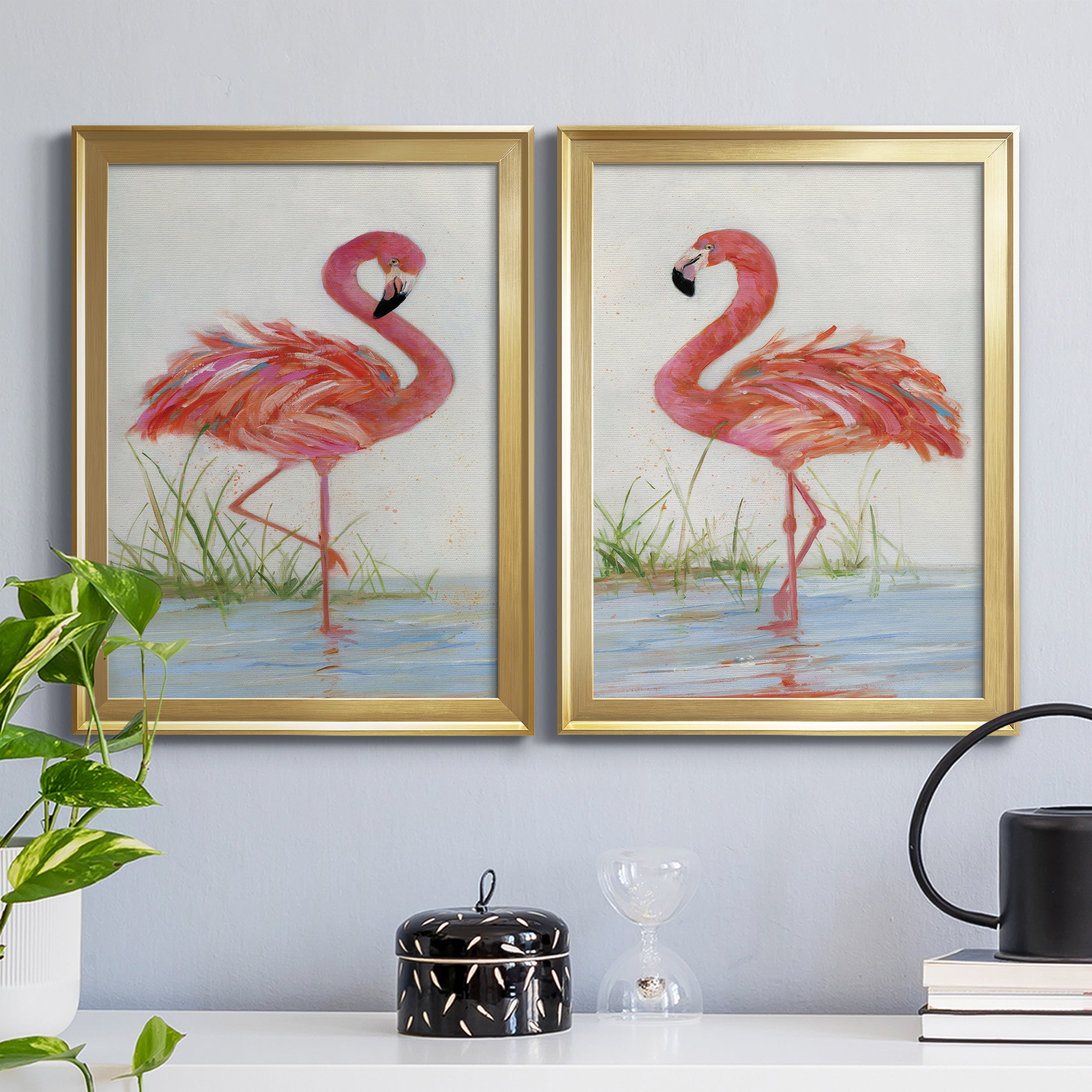 2 Piece Set Flamingo I Premium Framed Canvas - Ready to Hang - 22.5 x 30.5 Each - Gold Frame