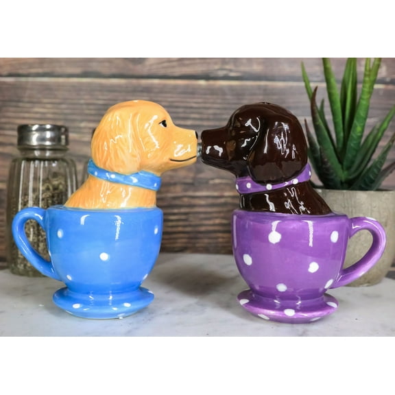 Ceramic Chocolate And Fawn Labrador Puppy Dogs In Tea Cups Salt Pepper Shakers
