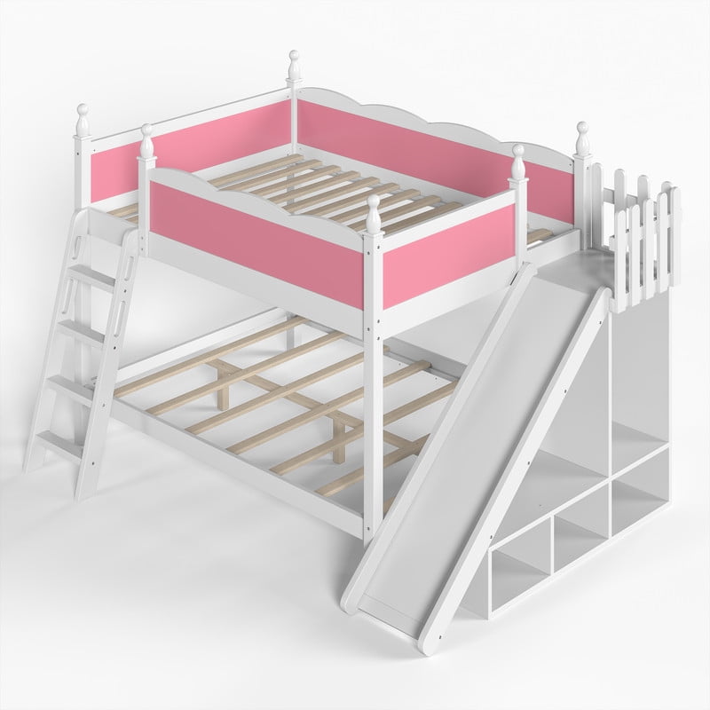 Full-Over-Full Size Kids Bunk Bed with Open Storage Shelves & Small Wardrobe, Wooden Princess Bed Frame with Ladder & Slide