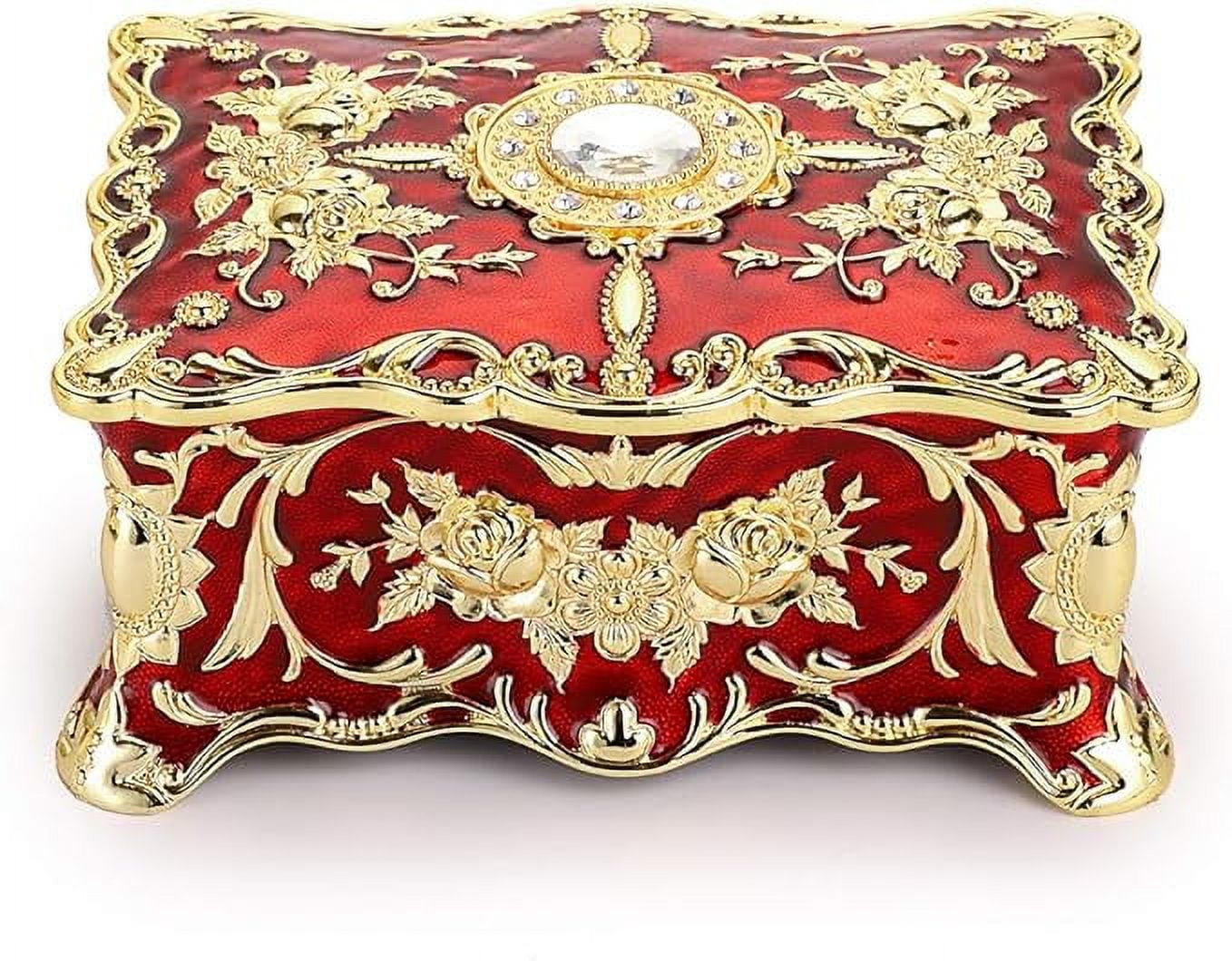 Jewelry Organizer, Jewelry Box, Red Zinc Alloy + Rhinestone Vintage Flower Rectangular Jewelry Box with Exquisite Velvet Lined and Partition Design to Keep Jewelry From Dust and Scratches, Red