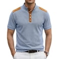 thumbnail image 2 of Corduroy Accent Polo Shirts for Men Stand Collar Short Sleeve Quarter Button Placket Casual Loose Fit Waffle Fabric Daily Wear Polo Shirts, #01 Blue, S, 2 of 4