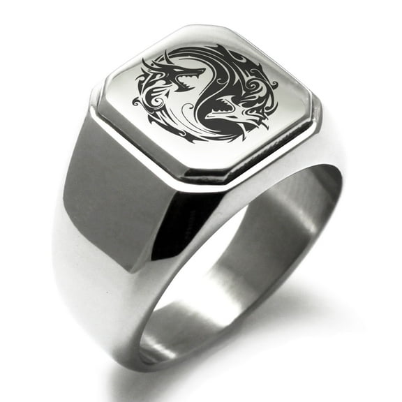 Stainless Steel Tribal Dragon Yin Yang Engraved Square Flat Top Biker Style Polished Signet Ring