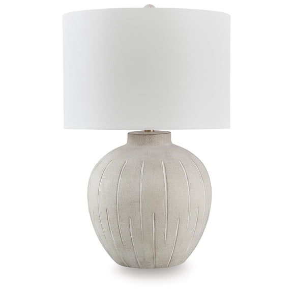 Signature Design by Ashley Calbert Poly Table Lamp, Warm Gray, Textured Base, 19" Tall, Drum Shade