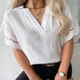 thumbnail image 2 of Camisa casual para mujer, cuello en V, color sólido, manga corta, costura de encaje, elegante top de verano para uso diario, 2 of 5