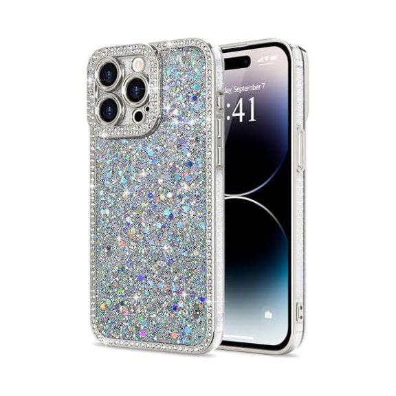 for iPhone 14 Pro Max Case Glitter, Luxury Shiny Bling Sparkly Bumper Cover with Crystal Diamonds for Women Girls Soft Slim Shockproof Protective Phone Case for iPhone 14 Pro Max 6.7", Sliver