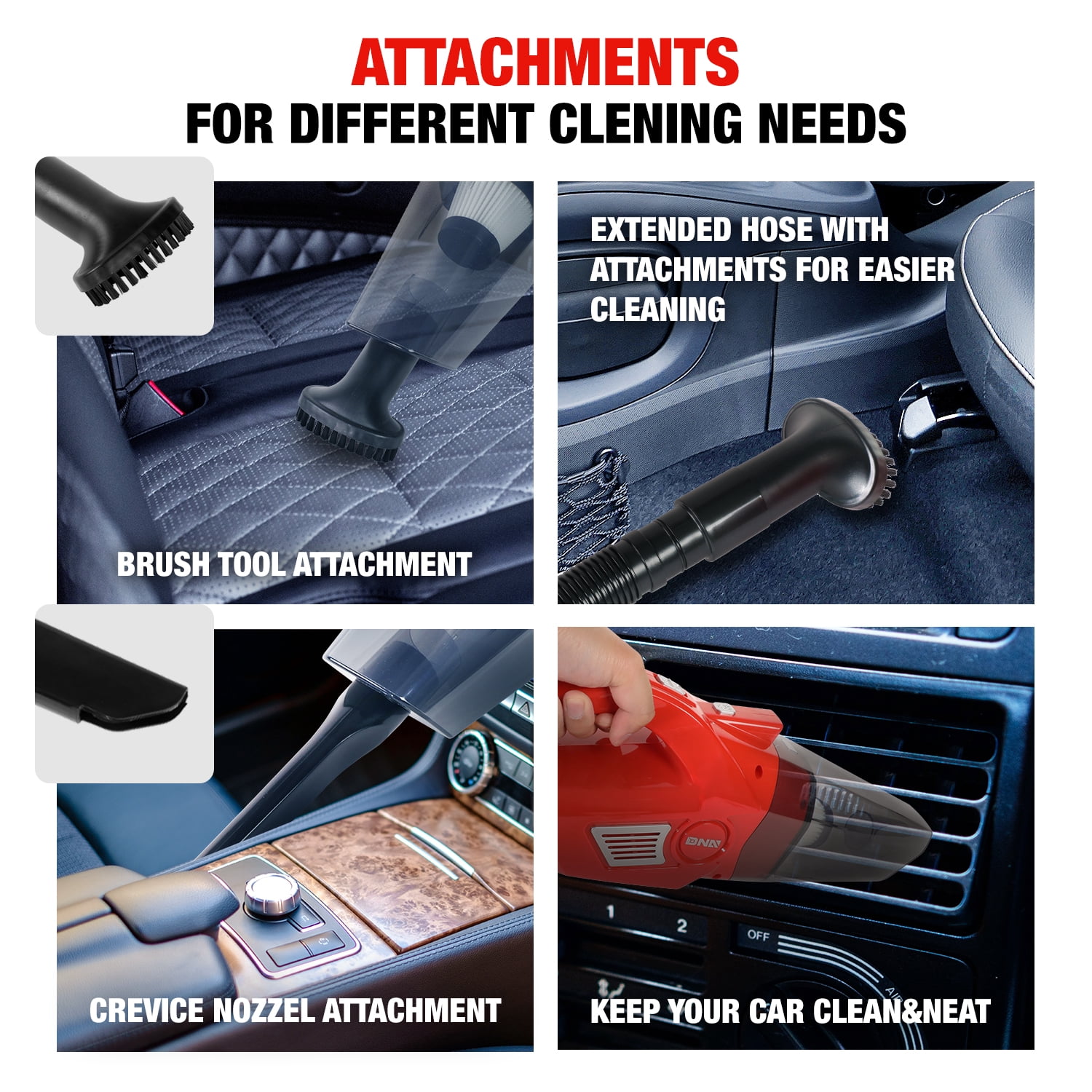 DNA Motoring For Red LED Light Mini Handheld Air Compressor Pump Corded Car Vacuum Cleaner Cleaning Kit