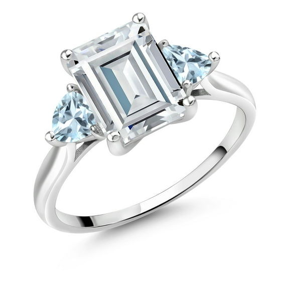 Gem Stone King 10K White Gold White Moissanite and Sky Blue Aquamarine 3-Stone Engagement Ring for Women | 2.93 Cttw | Emerald Cut 9X7MM | Three Stone Wedding Anniversary Promise Ring | Size 8
