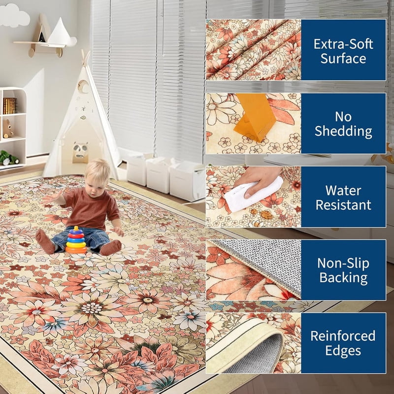 8'x 10' Runner Rug for Hallways Kitchen Non Slip Washable Rugs with Rubber Backing Soft Floral Carpet Runner for Hallways, Kitchen, Laundry, Bedroom, Bathroom-Yellow