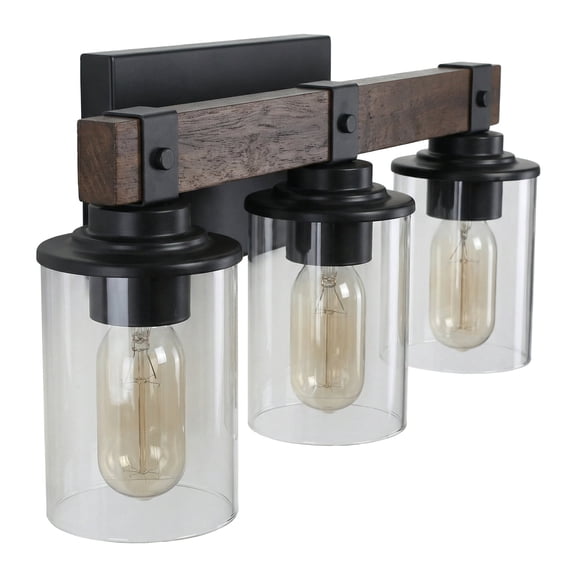 19" Rustic 3-Light Bathroom Vanity Light Fixture, Industrial Wall Sconce with Clear Glass Shades and Wood Accent, Farmhouse Bathroom Lighting for Mirror or Sink (No Bulbs Included)