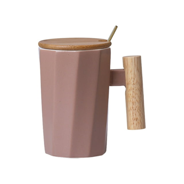 Vwrxbz Wood Handle Ceramic Mug Hexagon Coffee Mug with Lid Modern Style Kitchen Gift for Office Home