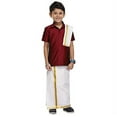 thumbnail image 1 of Chandrakala Kids Silk Blend Shirt With Kasavu Mundu Dupatta Set for Boys Indian Traditional Party Wear Bollywood Style Wedding Dress,1-2 Years Maroon-101 (KB101MAR2), 1 of 5