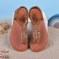 thumbnail image 4 of Girls Flip Flops Casual Boho Beaded T-Strap Flat Sandals Elastic Ankle Strap Lightweight Summer Beach Shoes Brown 1 Big Kid, 4 of 6