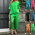 thumbnail image 2 of Cuhas.CA Tenues d'Été pour Femmes Ensemble Haut et Pantalon à Manches 3/4 en Coton Lin Col Rond Décontracté, TG, 2 of 8