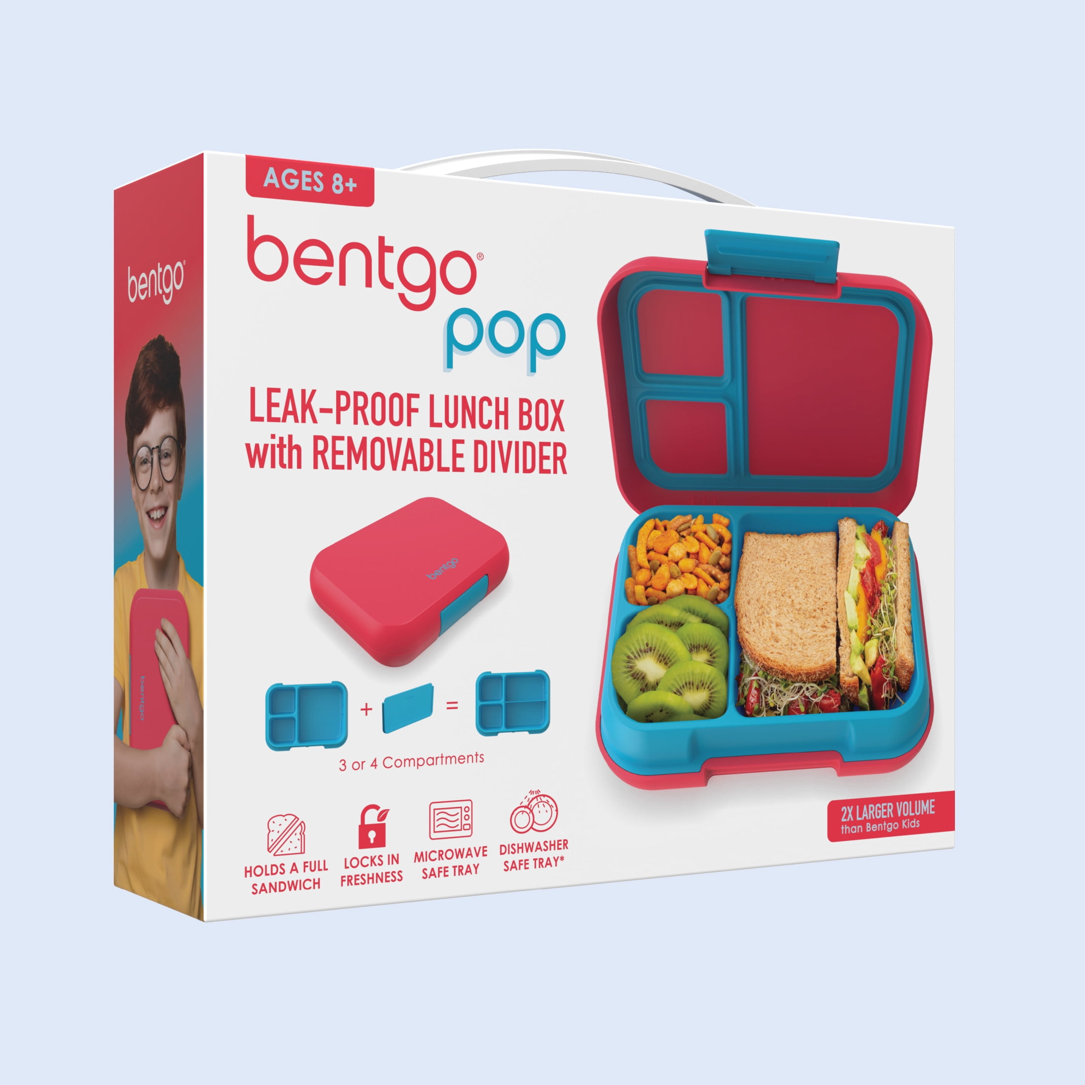 Bentgo® Pop - Leak-Proof Lunch Box & Removable Divider for Ages 8+ & Teens - Lunch Container Holds 5 Cups of Food; 3-4 Compartments; Microwave/Dishwasher Safe; 2 Year Warranty (Flame Red/Turquoise)