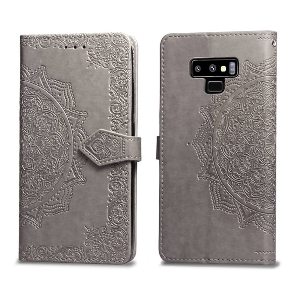 Galaxy Note 9 Wallet Cases and Covers, Allytech Slim Premium PU Flip Stand Cover Mandala Embossed Full Body Protection with Card Holder Magnetic Closure for Samsung Galaxy Note 9 Phone, Gray