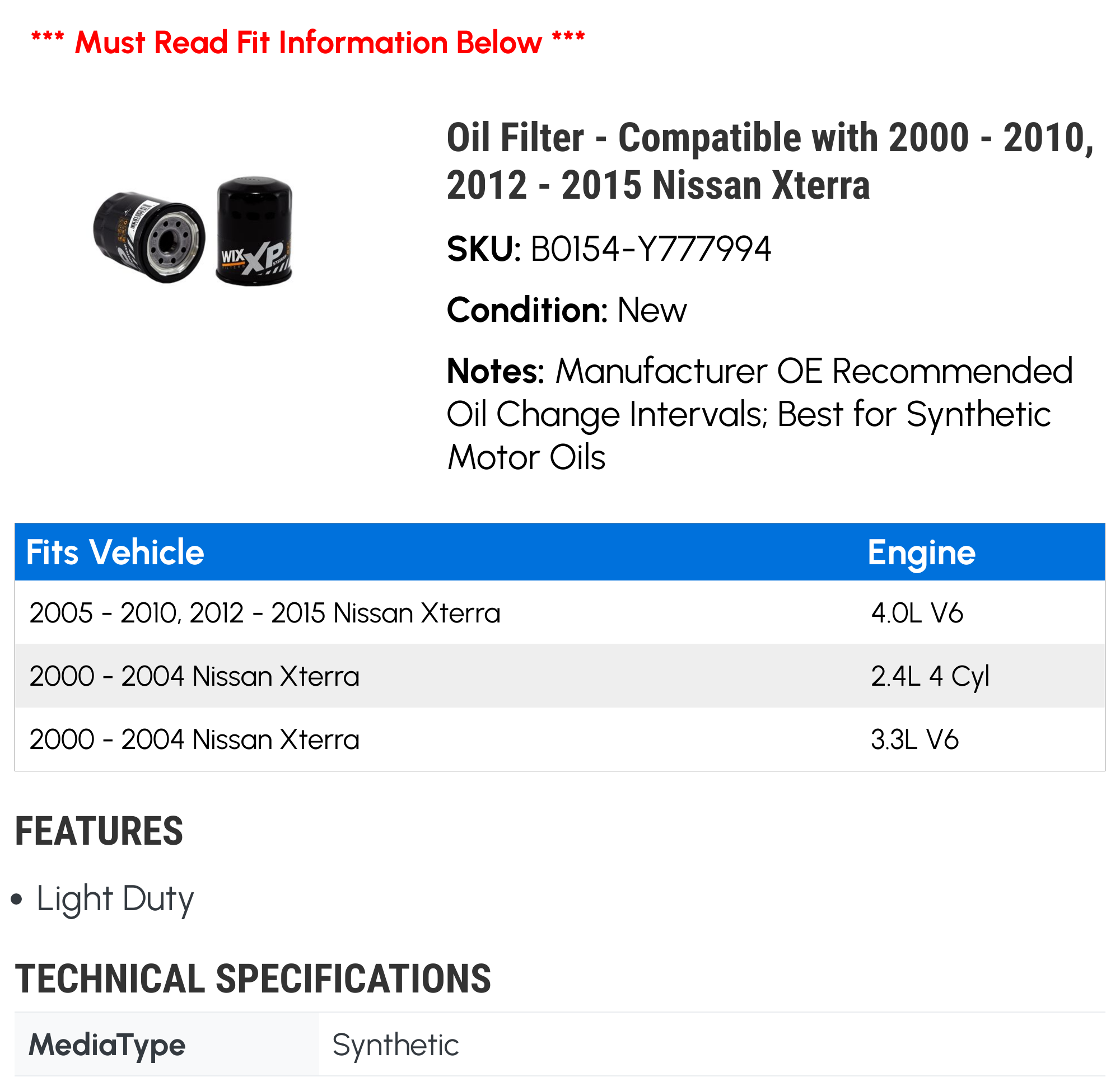 Oil Filter - Compatible with 2000 - 2010, 2012 - 2015 Nissan Xterra 2001 2002 2003 2004 2005 2006 2007 2008 2009 2013 2014