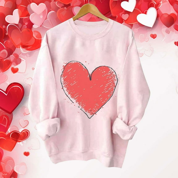 VgaVtl Womens Sweatshirts Oversized Valentines Long Sleeve Womans Tops Pink Soft Pullover Heart-shaped Festivals Tops