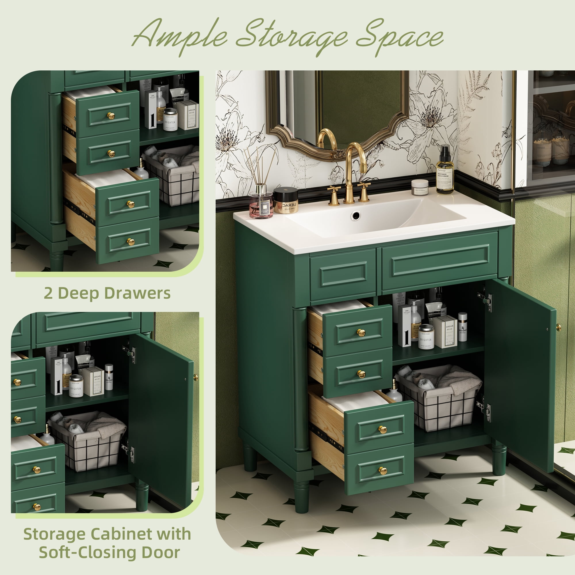 Euroco Modern Bathroom Vanity with Sink, 2 Drawers and Cabinet with Adjustable Shelf, Soft-Close Doors and Solid Wood Legs, Elegant Storage Cabinet for Bathroom