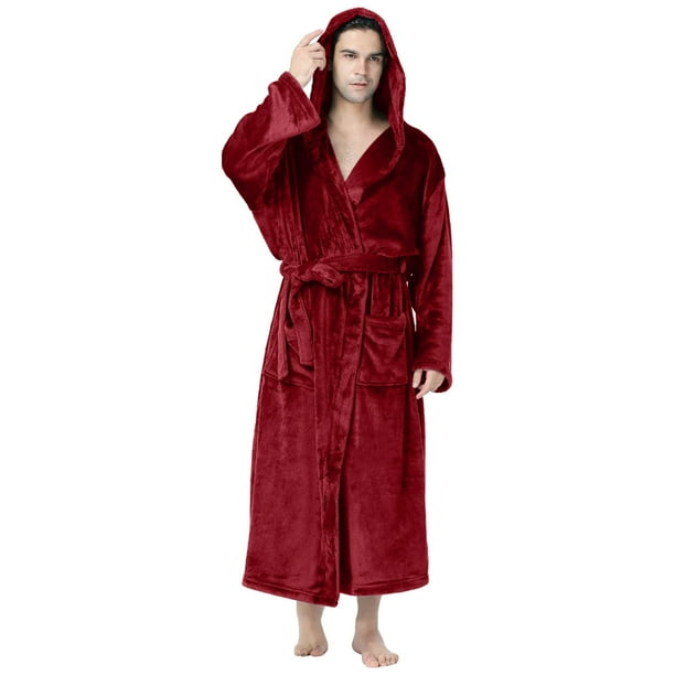 Batas de hombre de forro polar sólido informal con lazo en la cintura, cárdigan con bolsillo, bata de baño de manga larga con capucha, pijamas para hombre