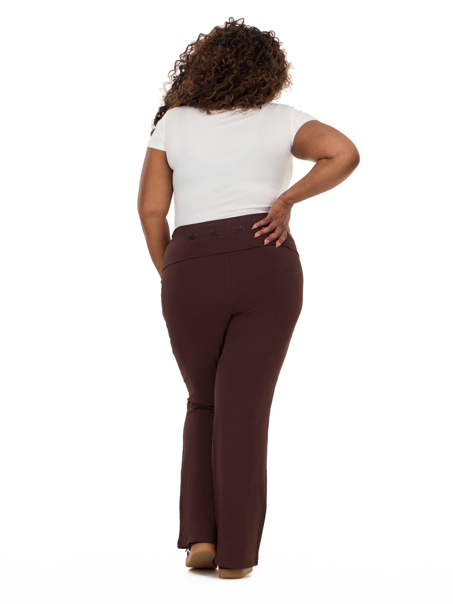 Forever 21 Women's Jersey Fold Over Waist Pants with Graphic Detail, Flare Leg Lounge Pants, Stretch Casual Everyday Comfort Style, Brown, XXS-4X