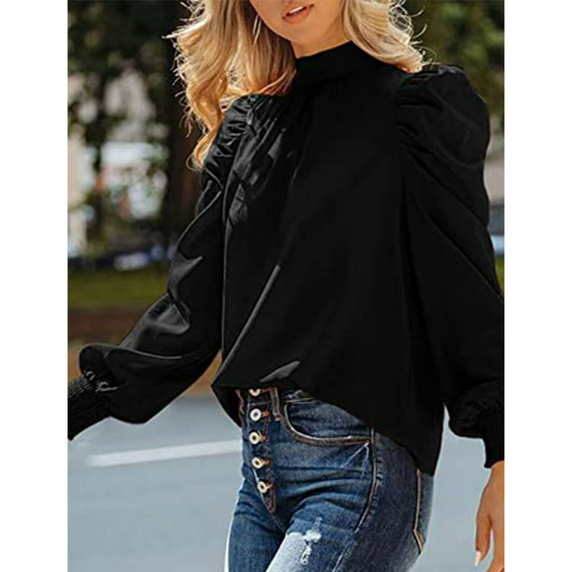 Camisa de manga abullonada, blusa de color puro con manga larga abombada para mujer, blusa de cuello alto, muy recomendada