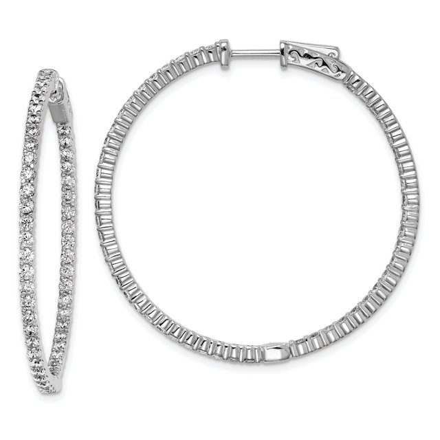 925 Sterling Silver 2mm Cubic Zirconia Cz Round Hinged Hoop Earrings In/out