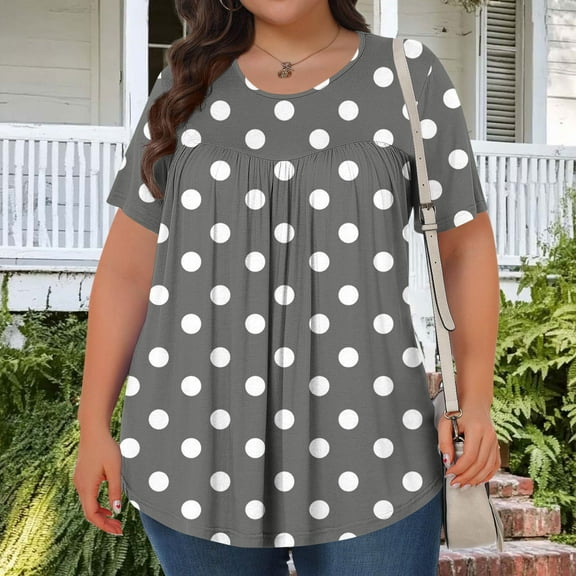 Generic Women's Plus Size Tops Casual Short Sleeve Trendy Shirts Dressy Crewneck Polka Dot Printed Summer Ruched Tunic Blouses