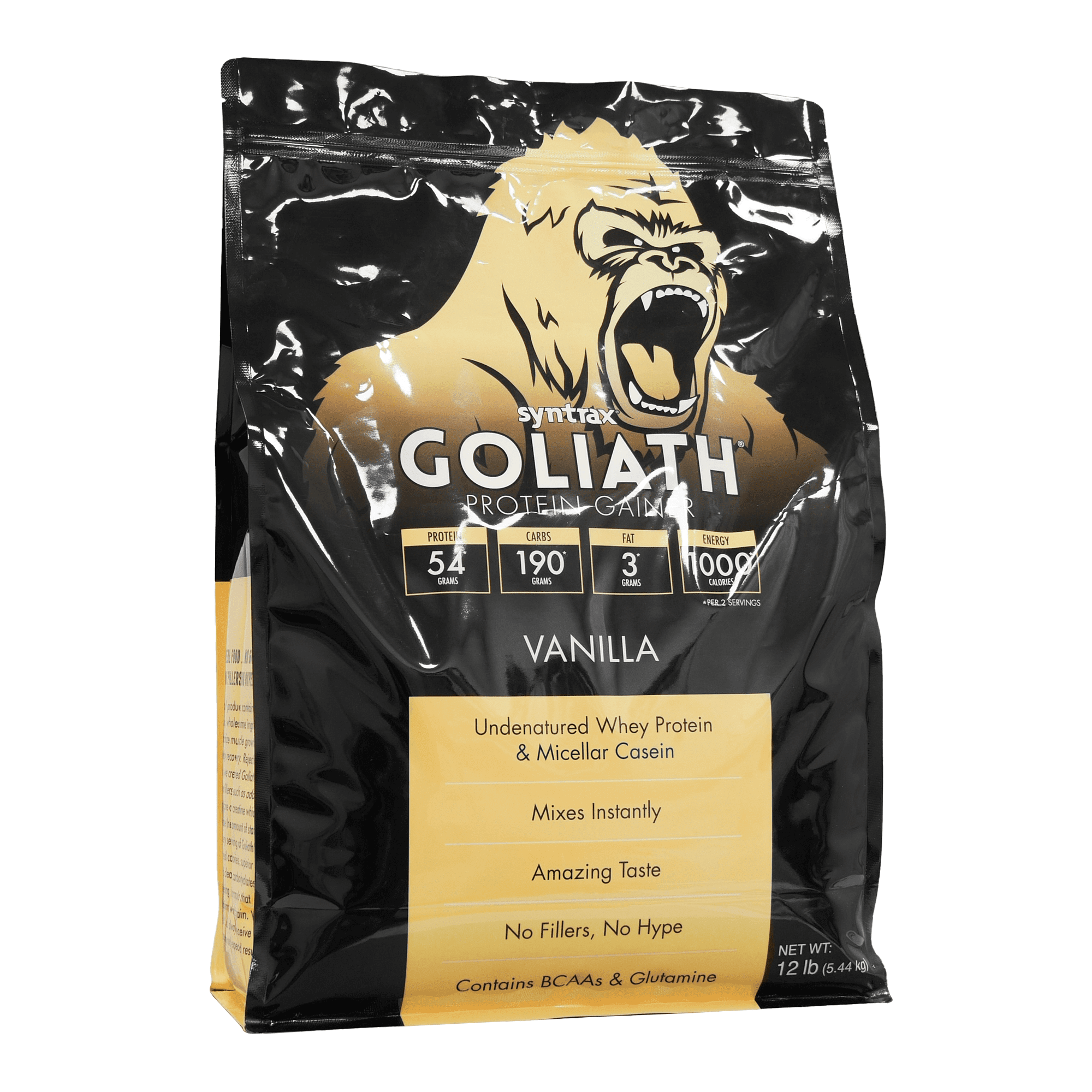 Syntrax Goliath Mass Gainer Protein Powder, Undenatured Whey & Micellar Casein, Vanilla, 12 lb