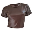 thumbnail image 4 of MEICHEN Tshirts for Women Chic Sexy Leather Crop Top Tee for Women Slim Fit Short Cropped Tee Trendy Summer Fall Essentials Clothing, 4 of 4
