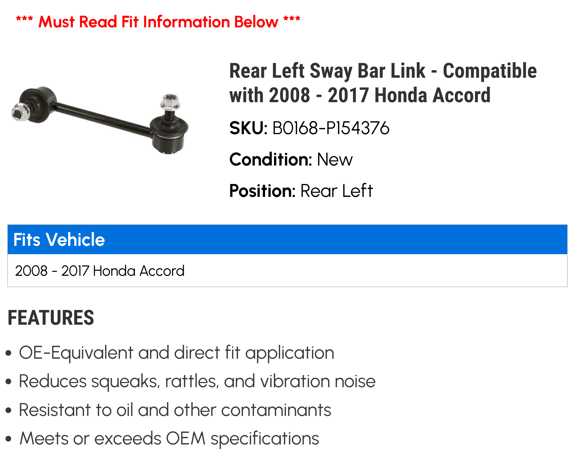 Rear Left Sway Bar Link - Compatible with 2008 - 2017 Honda Accord 2009 2010 2011 2012 2013 2014 2015 2016