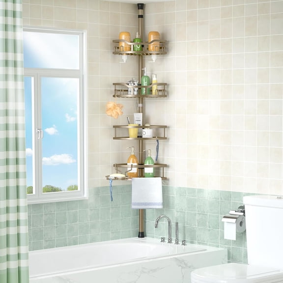 Corner Shower Caddy Tension Pole: Rustproof 4-Tier Bathroom Organizer Shelves for Bathtub Shampoo Storage - 47-121 Inch Quick Install Adjustable Rod Standing Rack with Soap Rack - Matte Gold