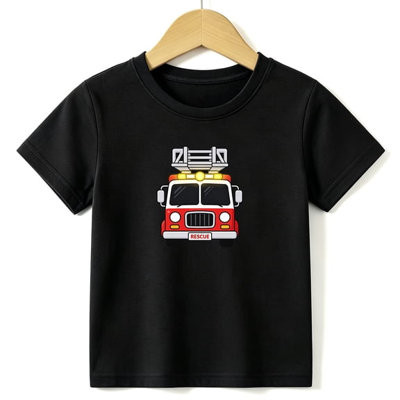 Boys Graphic Tees Fire Truck Kids T Shirt Rescue Hero 100% Cotton Short Sleeve Soft Tops 4-13Y Black