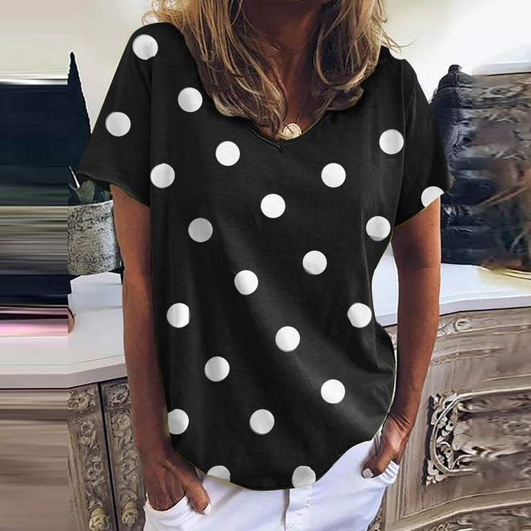 Women Casual Loose Polka Dot Blouse Print V Neck Short Sleeved Tshirt Top T  Shirts Tops for Women Womens Long Sleeve 