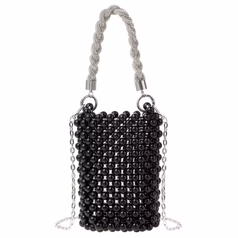 Black, variant on Acrylic Beaded Phone Bag with Detachable Metal Handle & Shoulder Strap Clutch Evening Bag for Wedding and Party