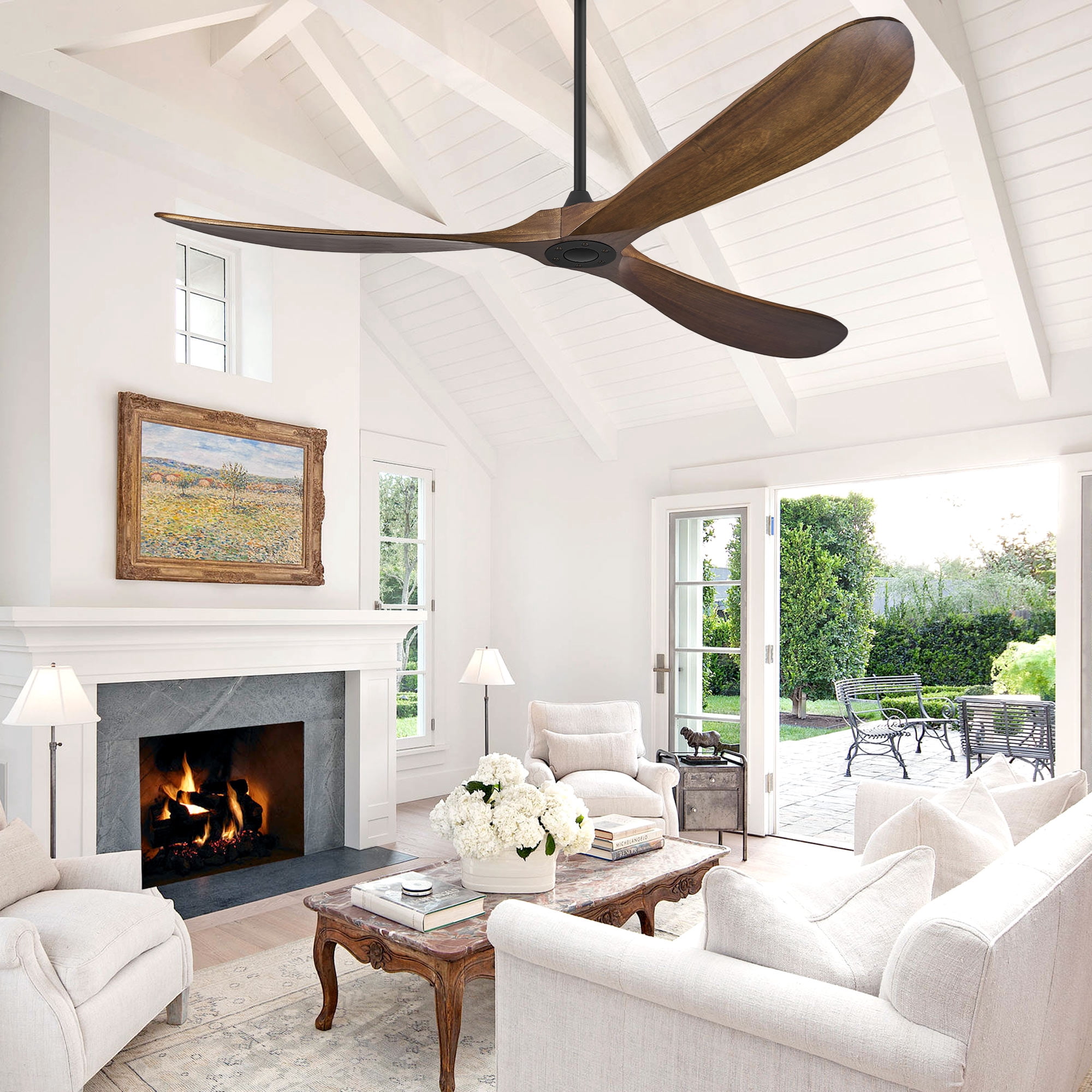 60 Inch Solid Wood Walnut Coastal Farmhouse Indoor Outdoor Patio 3-Blade Ceiling Fans