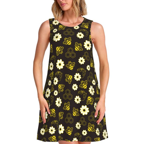 Disketp Honey Bees With Flowers para Vestido sin Mangas para Mujeres, Vestidos de Verano para Mujeres, Casual y Holgado para la Playa