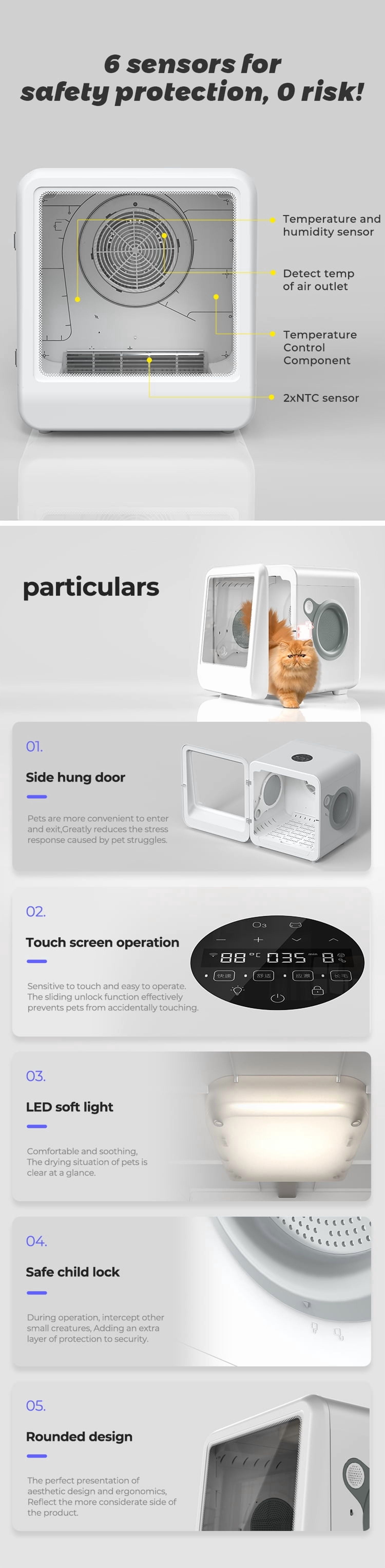 Automatic Pet Dryer Room Box Cabinet for Cats and Small Dogs, Quiet Grooming Dryer with Cool Hot Wind and 3 Speed Timer Settings, Indoor Pet Hair Drying Machine, Cream White